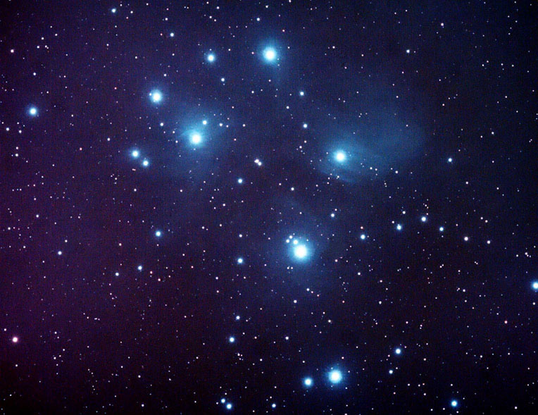 m45 The Pleiades cluster/ Seven Sisters in Taurus
Distance 407 ly.
10 x 300 secs with Canon 350D

Very windy
