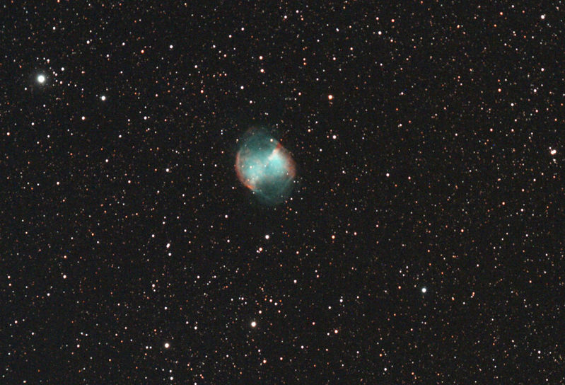 M27 Dumbbell Nebula in Vulpecula, first light
Captured with DSLR Focus, guided with WO ZS66 & DMK camera

7x300 secs ISO 800. I did not do enough subs, but had problems with software.

Clouds & breezy, which was upsetting the guiding a bit.
Link-words: messier