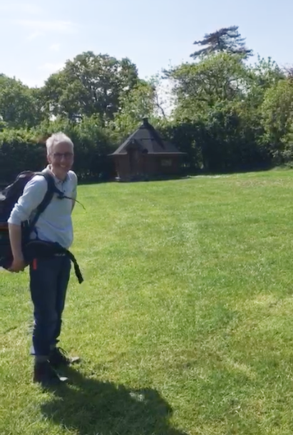 Michael Griffiths and the cabin behind after going walking
Link-words: Campsites2024