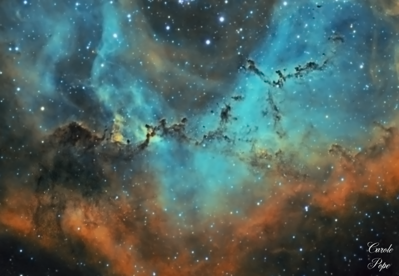 Bok's globules 
Combined data from 4 different years done with different equipment.
Including Atik383L and Atik460EX
William Optics ZS71, Skywatcher 130PDS, Skywatcher Esprit100
2014 4h 20m
2015 3h 40m
2019 2h 15m
2021 8h

Total imaging time per filter
Ha 11h 10m
Oiii 4h 25m
Sii 2h 40m
Grand total 18 1/4 hours.
Link-words: CarolePope
