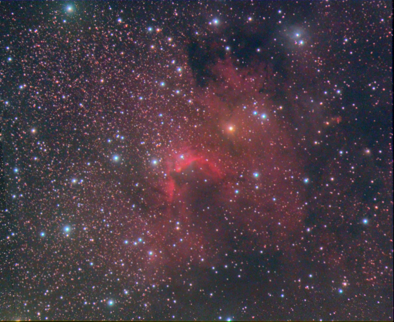 Cave Nebula HaLRGB
Cave Nebula
Kelling Heath Sept 2017
Dual Rig
1 hour luminance, 12.5 mins RGB (clouds interrupted)
1 1/2 hours Ha
Using Mark Shelley's Arcsinh Photoshop star colour processing. 
Link-words: CarolePope