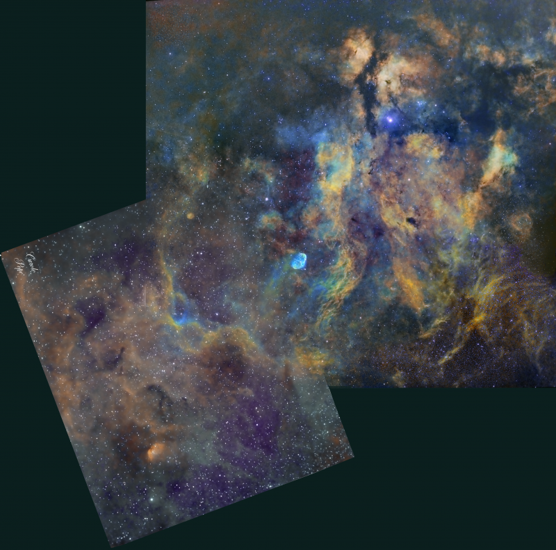 Cygnus 5 Panel Mosaic 
Sadr region was around 7 hours.
Crescent region was 5 hours 20mins, and the rest was made up of the two smaller corners I had to fill in making 15hours 17 1/2 minutes for the 1st four panels.
Now added the Tulip region a further 9 1/2 hours.
Total time for all 5 panels = 24 hours and 47 1/2 mins.

Atik 460EX, Samyang 135mm F2 lens @ F2.8
Guided on HEQ5
