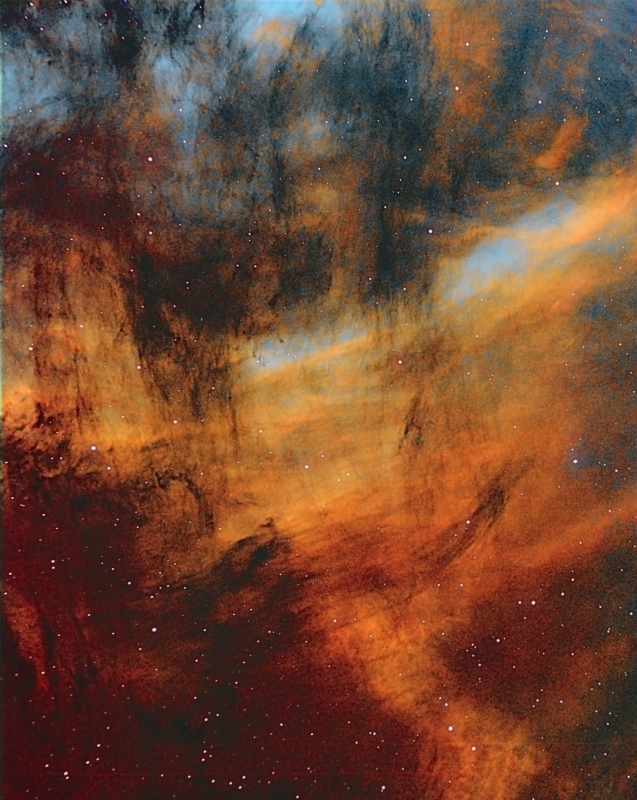 Forsaken Nebula IC5068
IC5068 The fForsaken Nebula
Taken over 4 nights. Skywatcher ED72 and Atik460EX.
Full to last quarter Moon.
SkyshedPOD observatory where the dome had to be taken off as the target was high.

Ha 21 x 600 (3h 30m)
Oiii 11 x 300 and 14 x 600 all binned x 2 (3h 15m)
Sii 10 x 300 & 16 x 600 all binned x 2 (3h 30m)

Total imaging time 10h 15m

Bortle 7/8 SE London
Link-words: Carole