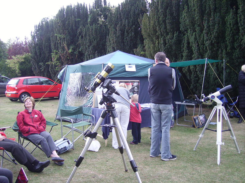 High Elms Open day 13.9.09 (2)
High Elms Open Day 13th September 2009, on show here is the Society coronado telescope.  Hugh with his back to us and Delphine sunning herself. 
Link-words: Outreach Observing LocalArea HighElms2009