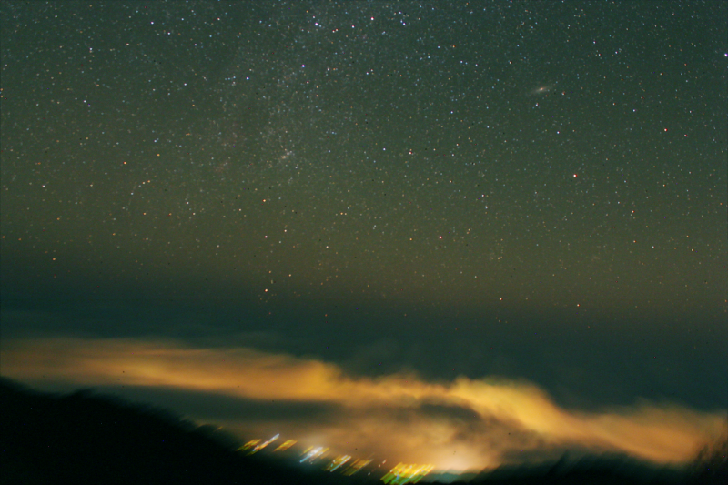 Eastern Sky from La Palma
Looking to the East.  Above the clouds 3400m up probably Santa Cruz lights below.  
Link-words: CarolePope