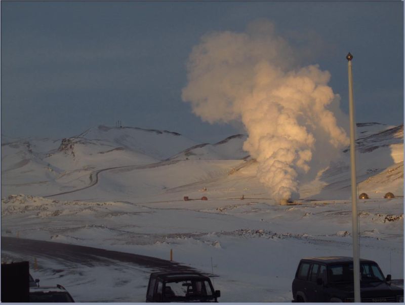 Iceland Early morning views
Dark mornings as sunrise not until about 10am so quite dark, everywhere there are these plumes of steam riusing from the frozen and snow covered ground.  
Link-words: CarolePope Iceland2012