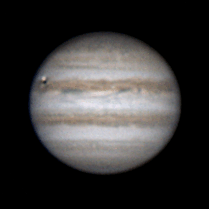 Jupiter and Callisto Shadow Transit 2016-03-17 22:27 UTC Manche, France
Re-process with new workflow, stacked frames, de-rotated then sharpened.
Link-words: Duncan Eclipse
