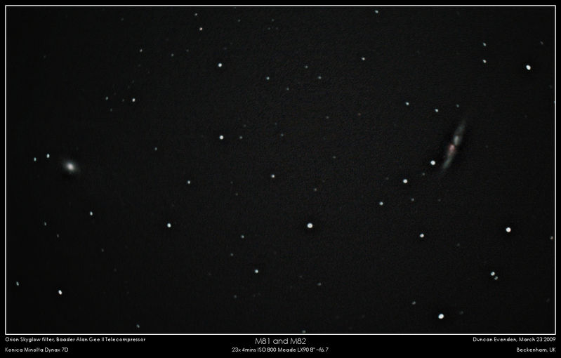 M81 and M82
Better composition however the evening was blowy and cloudy which has reduced the sharpness. Also I think the focus was off a bit. Cropped top and bottom. 
23x 4 min subs and 4 darks and bias frames, no flats. Artificial gradient removal done by blurring duplicate image layer and subtracting it. Stars were rounded and sharpened using  Astro plugins 0.6 from http://www.hennigbuam.de/georg/gimp.html.
Link-words: Messier Galaxy