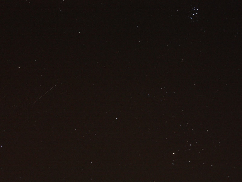 Taurus and M45 (Pleiades)
Stars just starting to elongate due to the zoom vs exposure. Another satellite snuck into shot too. :)
Link-words: Messier