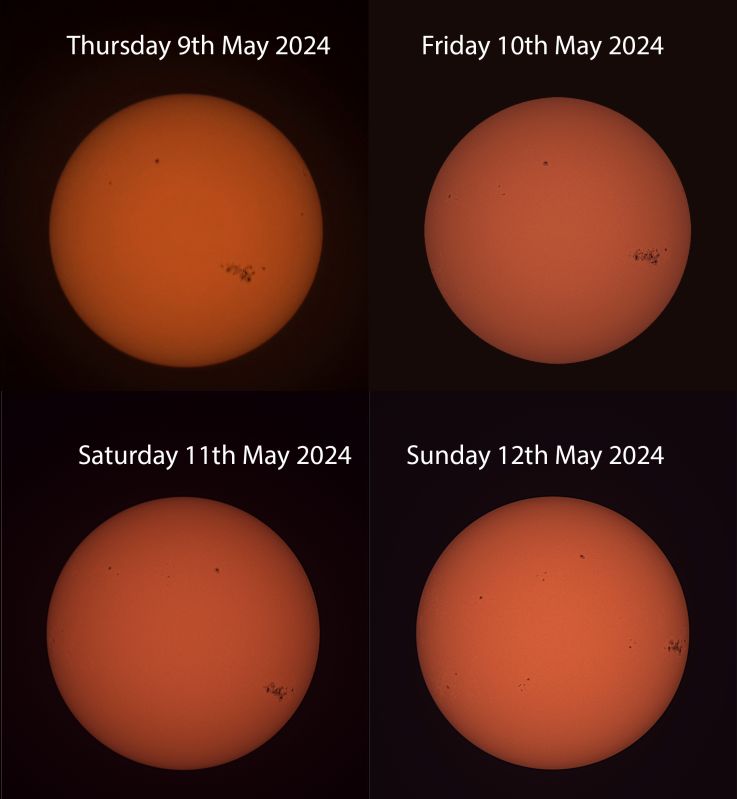 The Sun over a long weekend in May
The Sun, in white light, over a long weekend in May. Each image was taken at a slightly different time in the morning, so you can also see a little field rotation.
Link-words: Sun