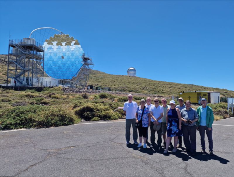 OAS Members and the Magic (Cherenkov) scope
MAGIC Telescopes                                                              (Major Atmospheric Gamma Imaging Cherenkov Telescopes.Detects particle showers released by gamma rays using the Cherenkov radiation i.e. faint light radiated by the charged particles in the showers, 
OAS Member's visit to La Palma 2024 
On top of the mountains (Roques de los Muchachos) 
Link-words: LaPalma2024