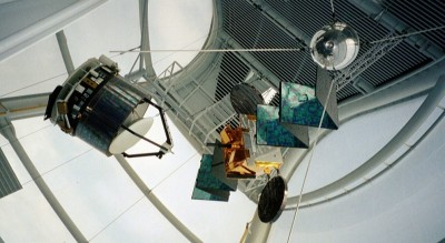 A selection of spacecraft on display in the rocket-shaped tower